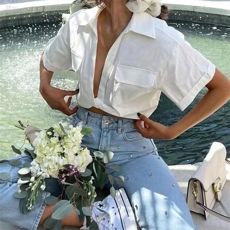 Blouse Women Fashion Front Knot Elastic Linen Cropped Shirts Vintage Short Sleeve Patch Pockets Female Blouses Blusa Chic Tops