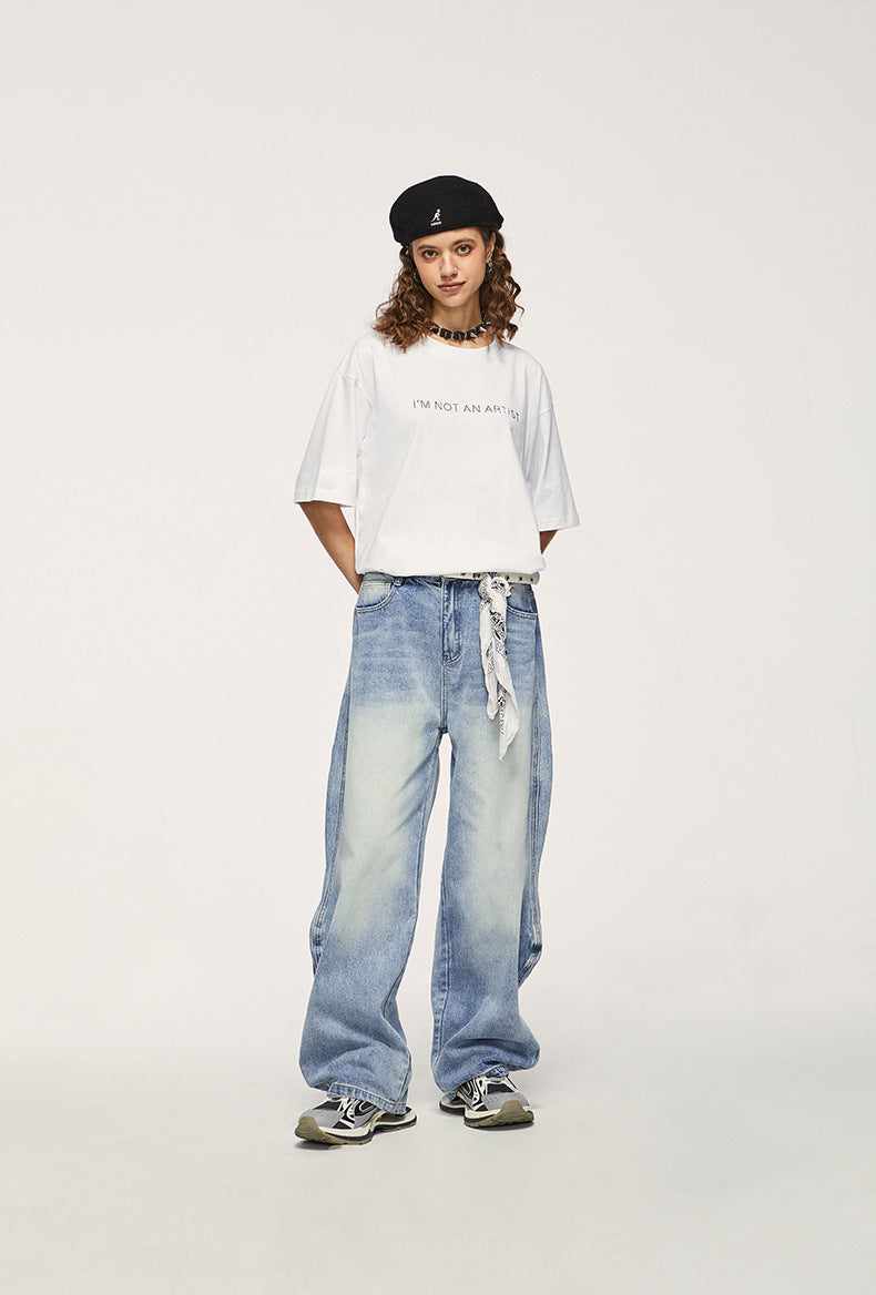 Street White Washed Wave Wide Leg Jeans Men