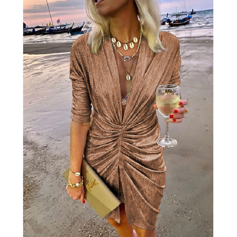 V-neck Pleated Long Sleeve Dress Women