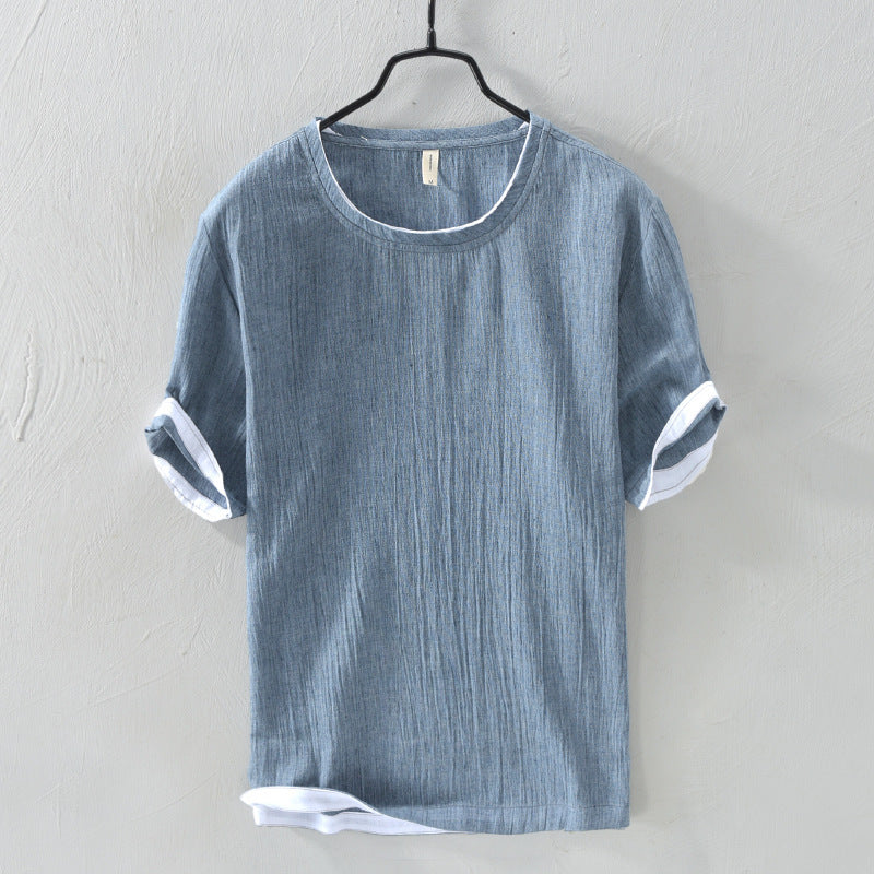 Linen Loose Casual Men's Round Neck T-shirt Japanese Short-sleeved T-shirt