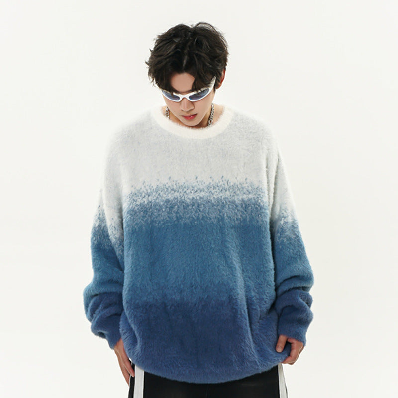 Gradient Color Round-neck With Fleece Lining Sweater Men