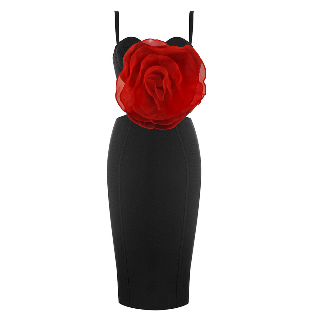 New Ladies Splicing 3D Large Flowers Spaghetti Strap Backless Design Club Party Sleeveless Sexy Midi Bandage Dress