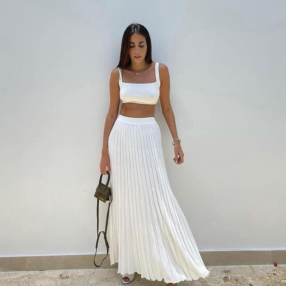 New White Knit Fall Ribbed Tank Top And Pleated Knitted Skirt