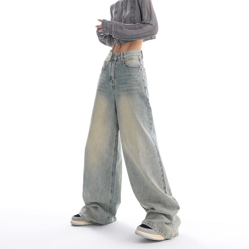 Retro Denim American Style Loose Slimming Mop Wide Leg Pants