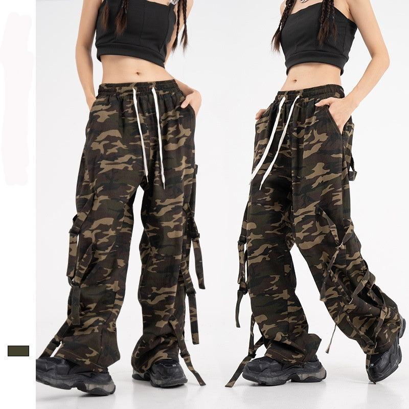 Vintage American Retro Camouflage Cargo Pants with Elastic Waist Drawstring - Couple Street Fashion