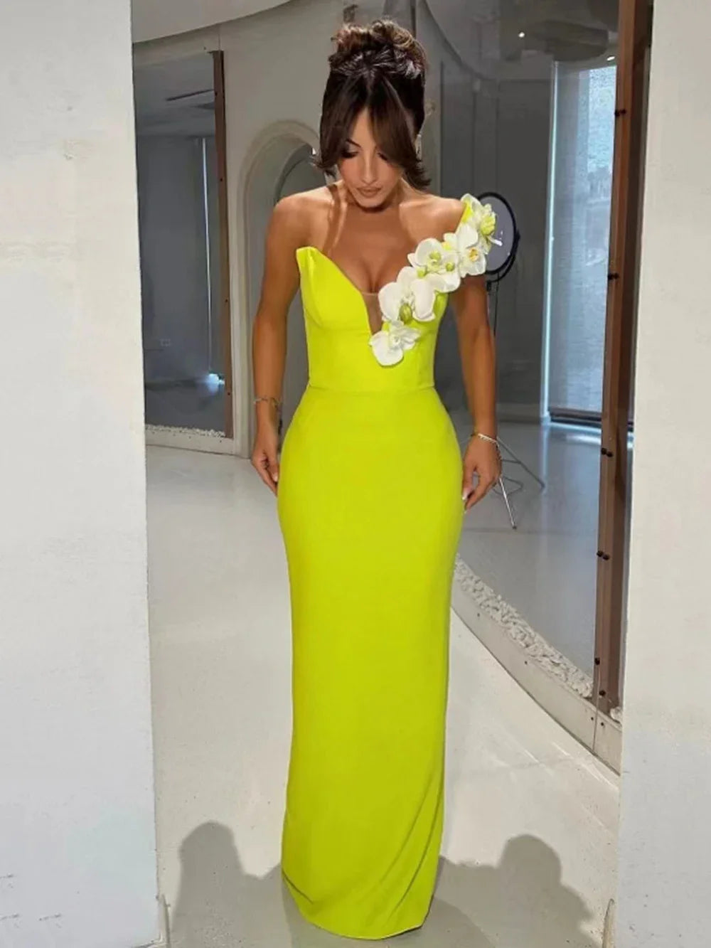 Bandage Dress Celebrity Evening Party Elegant Flower One Shoulder Bodycon Sleevess Maxi Dress Banquet Gowns