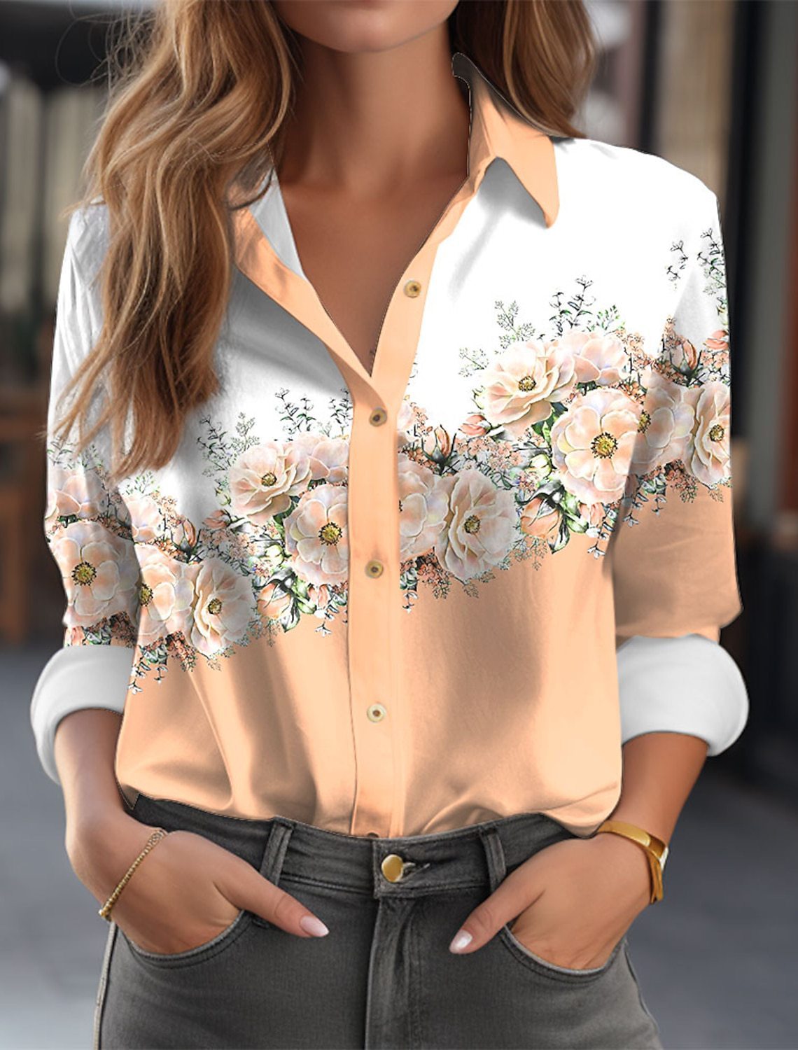 Women's Color Matching Printed Long-sleeved Lapel Button Shirt