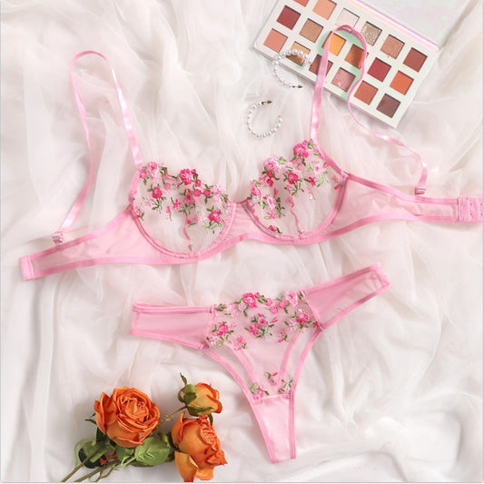 Low Waist Lace Flower Embroidery Sweet Beauty Bra Set