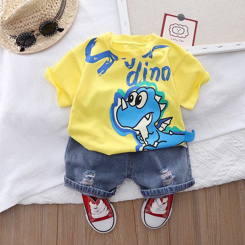 Dinosaur Round Neck Short Sleeve Cotton T-shirt Denim Shorts Suit