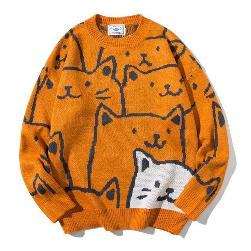 Cartoon Cat Round Neck Sweater Men's Autumn And Winter New Loose Couple Knit Sweater