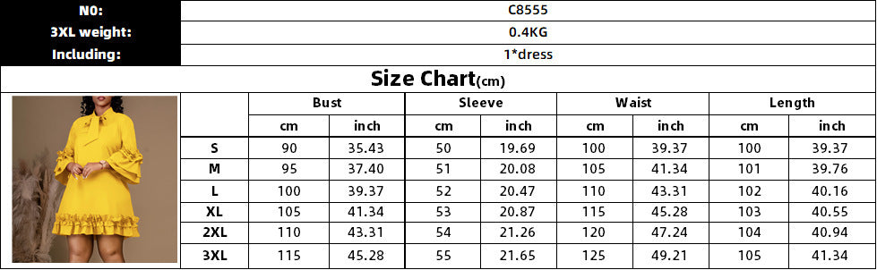 Women's New Foreign Trade Pure Color Temperament Oversleeves Tied Lotus Leaf Dress