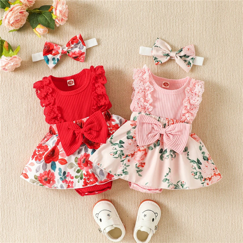 IBaby and Children's Set with Pit Strip Lace Splicing Flower Full Print jumpsuit