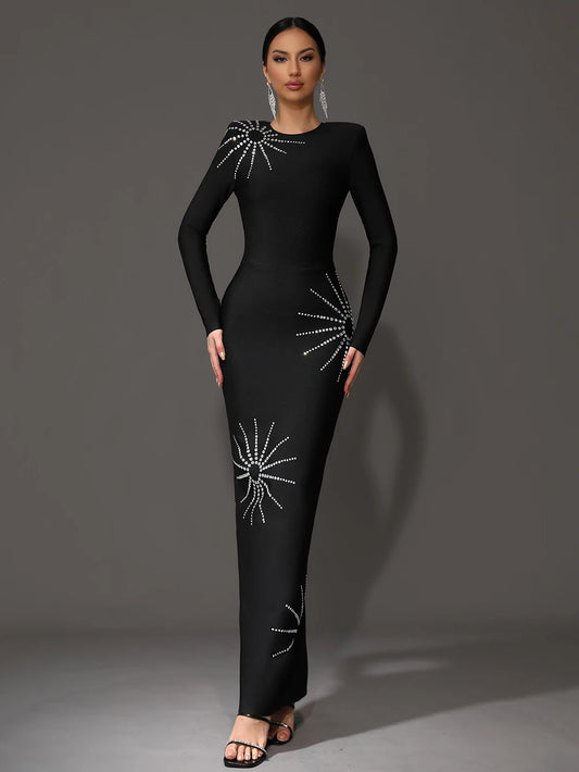 New Autumn Luxury Diamond Tight Maxi Bandage Dress Women's Long Sleeve Rhinestone Bodycon Club Cocktail Party Dress