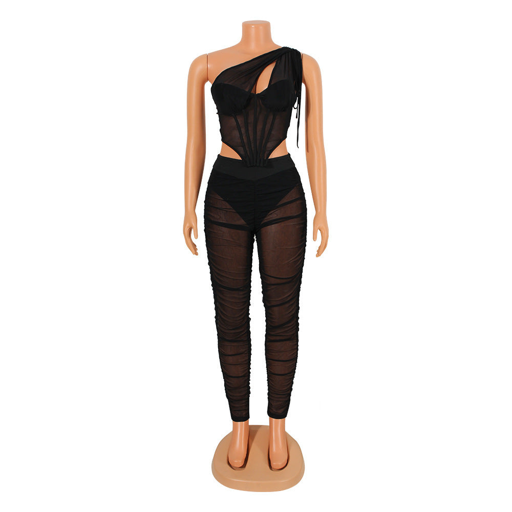 Fashion Sexy Mesh See-Through Irregular Top Two-Piece Suit