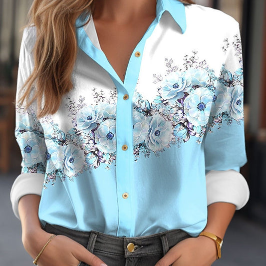 Women's Color Matching Printed Long-sleeved Lapel Button Shirt