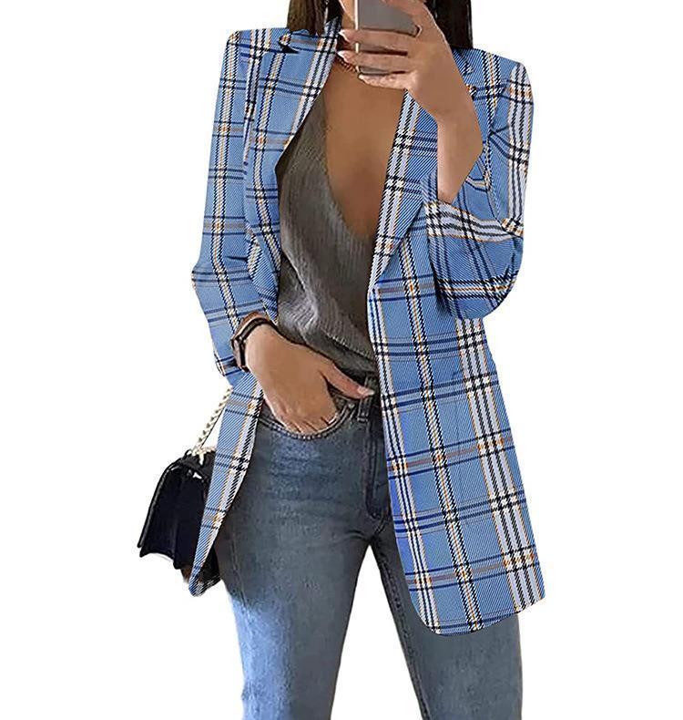 Fashion Plaid Casual Suit Lapel Slim Cardigan Suit Jacket Women