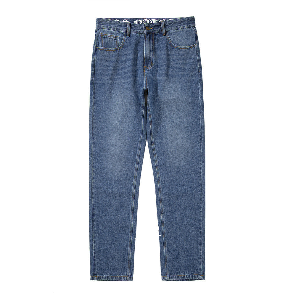 Letter Print Washed Jeans Men Ins Street Trend