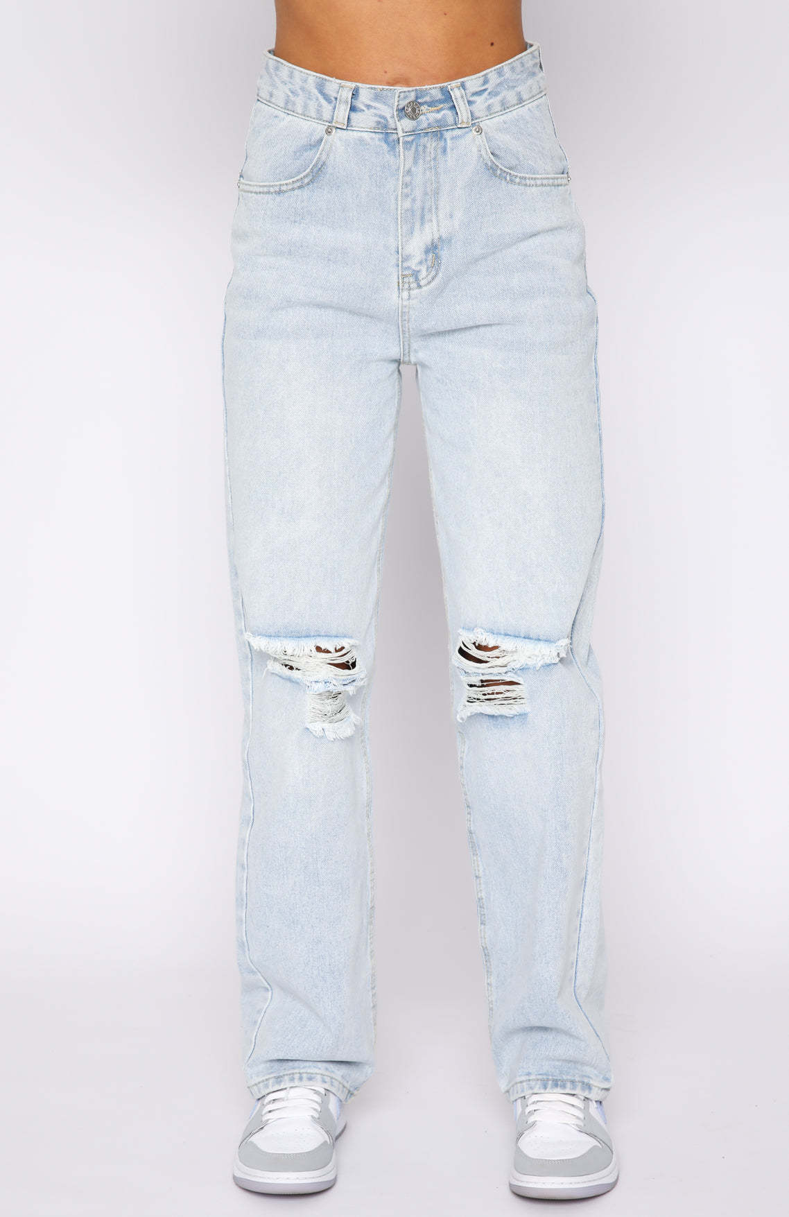 Street Hipster Ripped Washed Denim Straight Women's Trousers