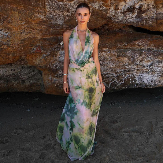 2pcs Ink Printing Deep V-neck Suits Fashion Halter Backless Long Dresses For Beach Party Womens Clothing