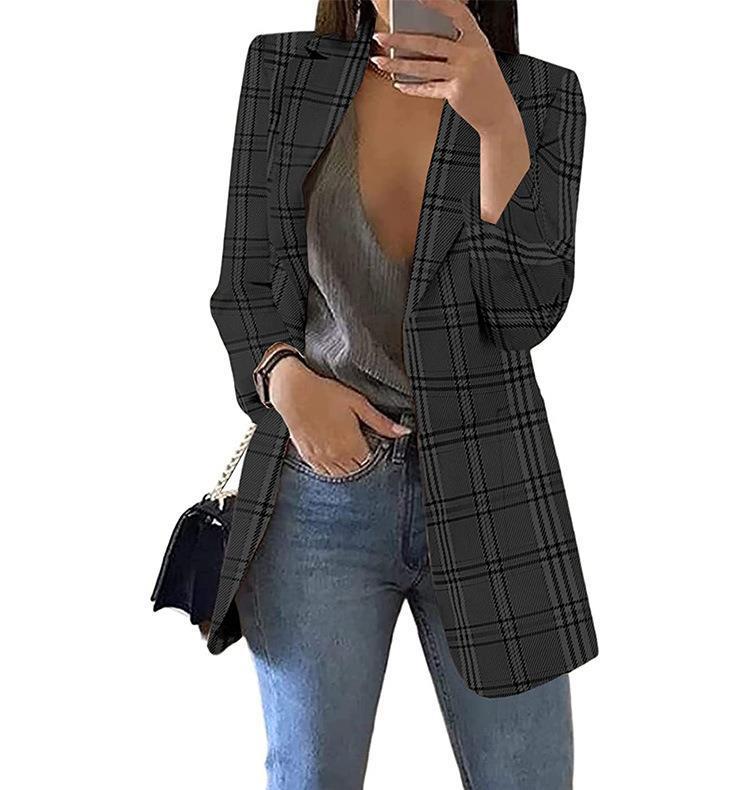 Fashion Plaid Casual Suit Lapel Slim Cardigan Suit Jacket Women