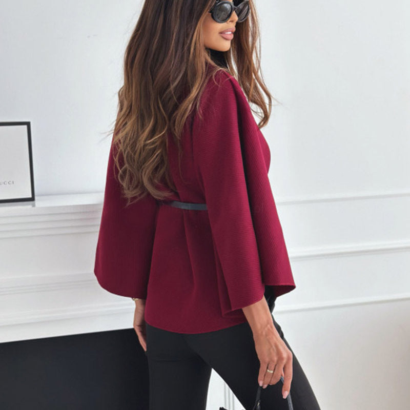 New Stand Collar Batwing Sleeves Cloak Top With Belt Ins Fashion Temperament Jacket Woolen Sweater Outwear For Women Clothing