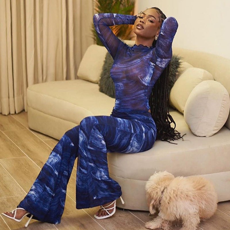 Printed Long-sleeved Top Sheer Mesh Trousers Bell-bottom Pants Suit