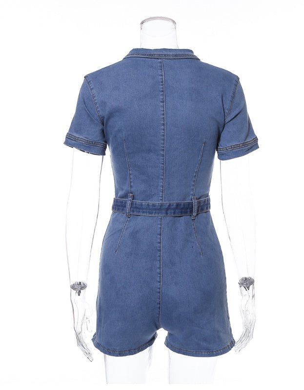 Fashion street beat deep V zipper belt pocket slim denim jumpsuit