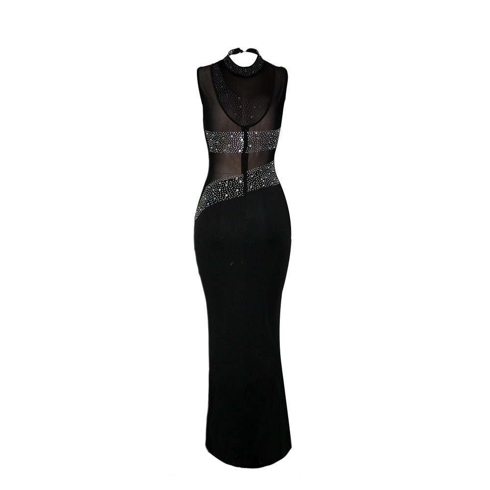 See-through Rhinestone Sleeveless Women's Nightclub Evening Dress