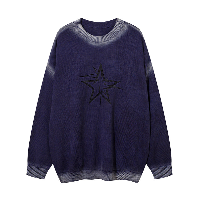 Five-pointed Star Embroidered Crew Neck Loose Sweater