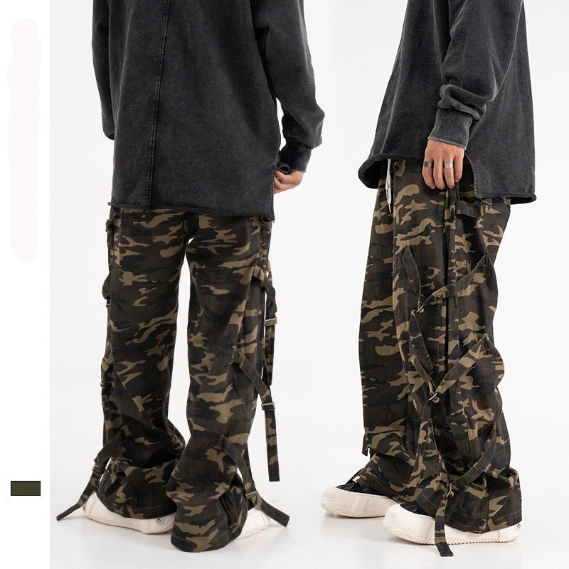 Vintage American Retro Camouflage Cargo Pants with Elastic Waist Drawstring - Couple Street Fashion