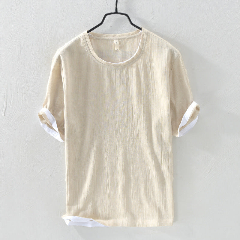 Linen Loose Casual Men's Round Neck T-shirt Japanese Short-sleeved T-shirt