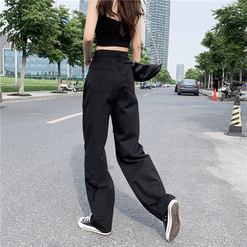 Women's Black Wide Leg Ripped Summer Jeans