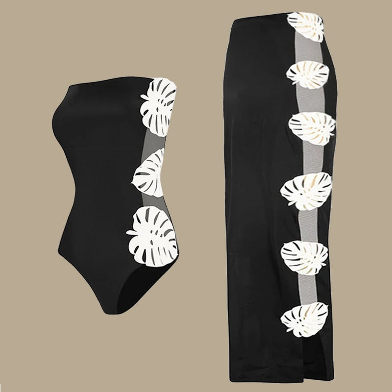 Hot girl black and white strapless leaf patchwork hollow one-piece swimsuit set for women