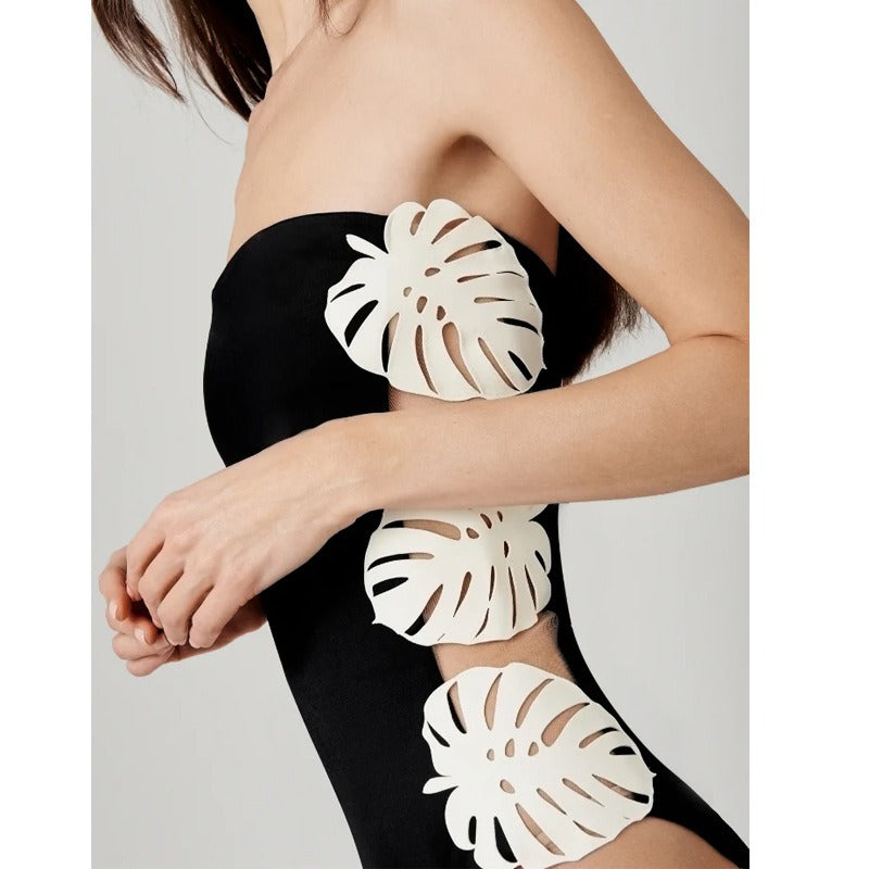 Hot girl black and white strapless leaf patchwork hollow one-piece swimsuit set for women