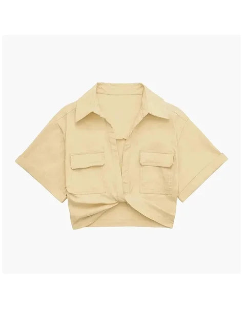 Blouse Women Fashion Front Knot Elastic Linen Cropped Shirts Vintage Short Sleeve Patch Pockets Female Blouses Blusa Chic Tops