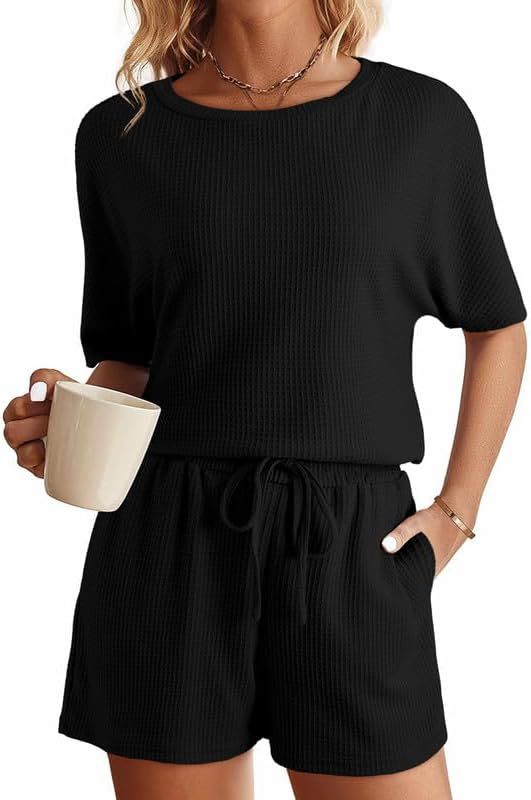 Women's Short-sleeved Home Wear Solid Color Casual Waffle Two-piece Set