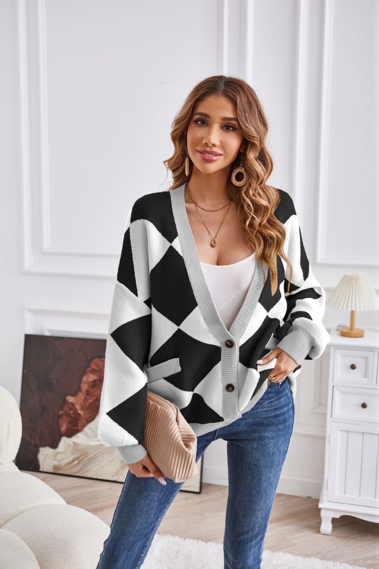 V-neck Rhombus Plaid Patchwork Knitting Cardigan Coat For Women