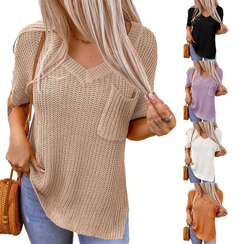 Loose Short Sleeve Side Slit Casual Sweater For Women