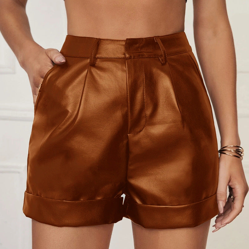 PU Leather Shorts Women's Women's Outerwear High Rolled Hem Pleated Ladies Casual Hip-wrapped Pants