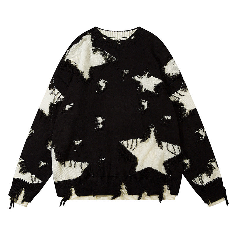 Heavy Industry Destroyed Color Matching Five-pointed Star Round Neck Sweater