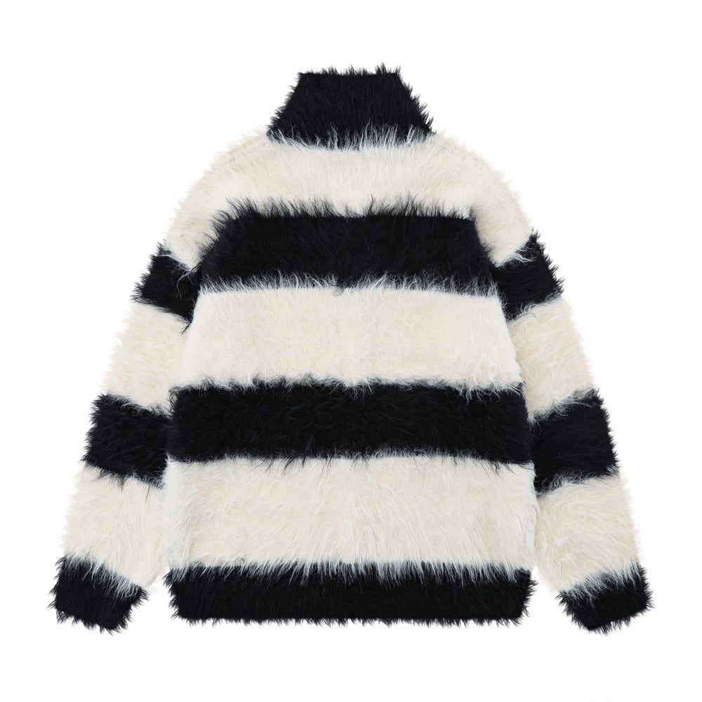 Contrast Color Large Striped With Fleece Lining Brushed Stand Collar Sweater Coat