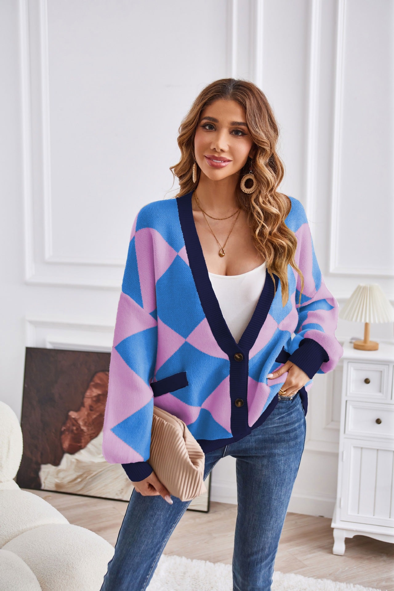 V-neck Rhombus Plaid Patchwork Knitting Cardigan Coat For Women