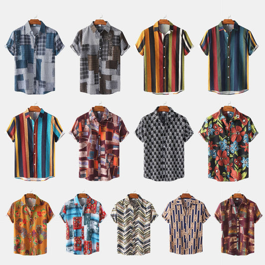 Casual Men's Cotton And Linen Short Sleeve Shirt Hawaiian Short Sleeve Printed Shirt Men