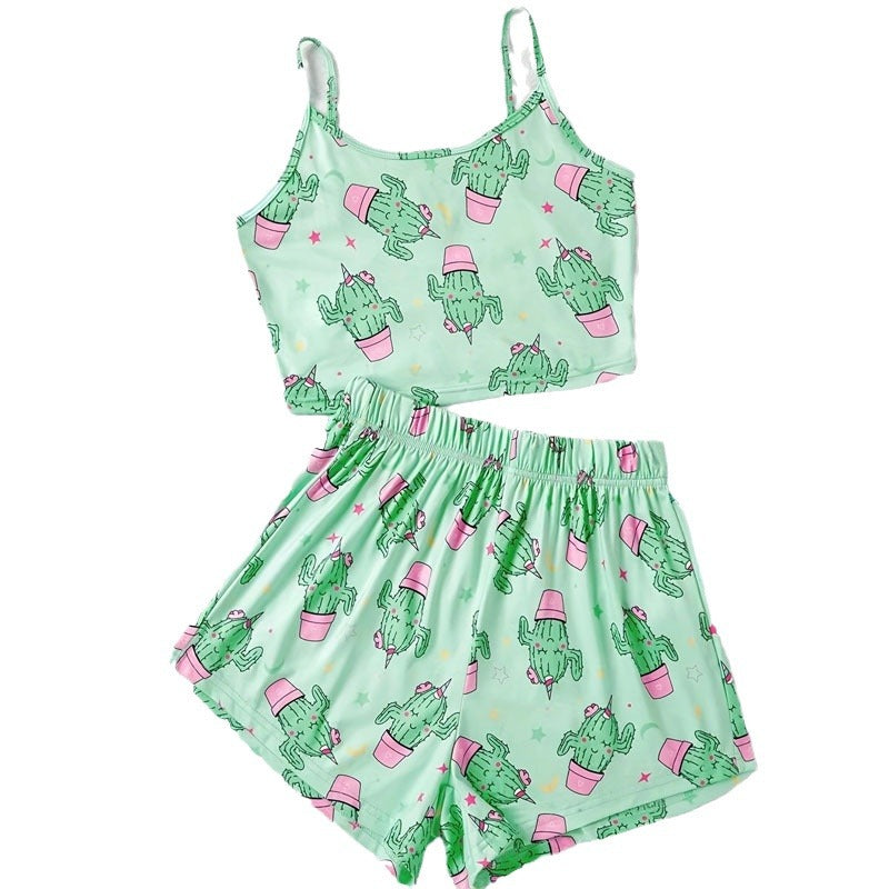 Summer Pajamas Women's Printed Suspender Shorts Thin Suit