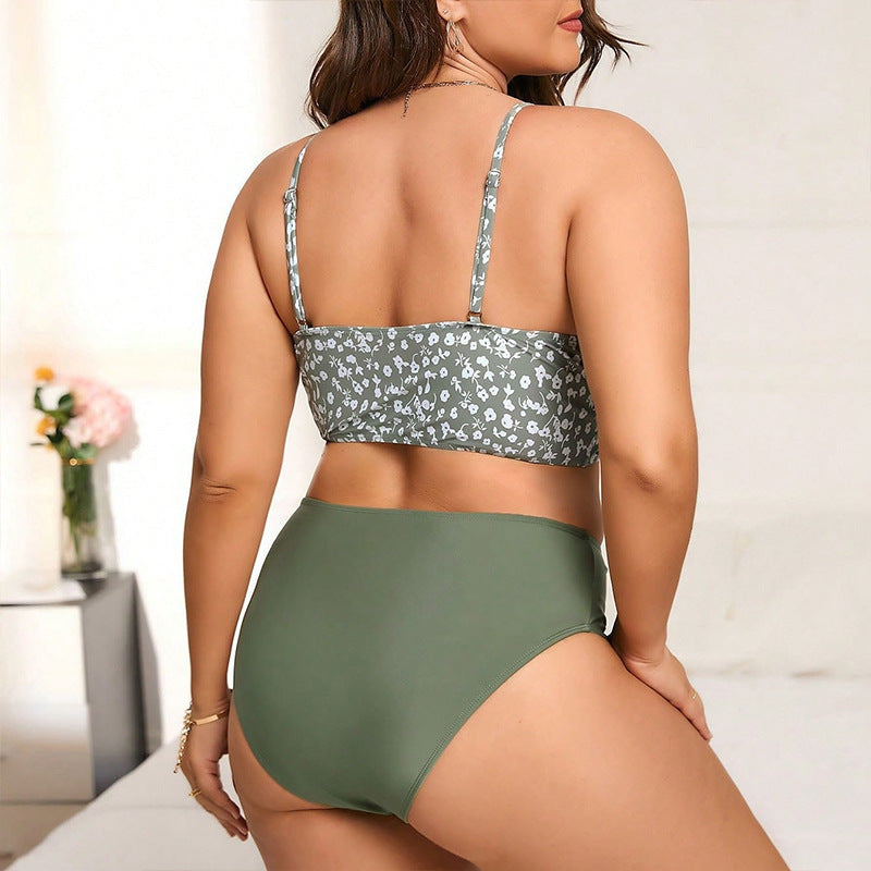 Strap Floral Plus Size Split Swimsuit High Waist Women's