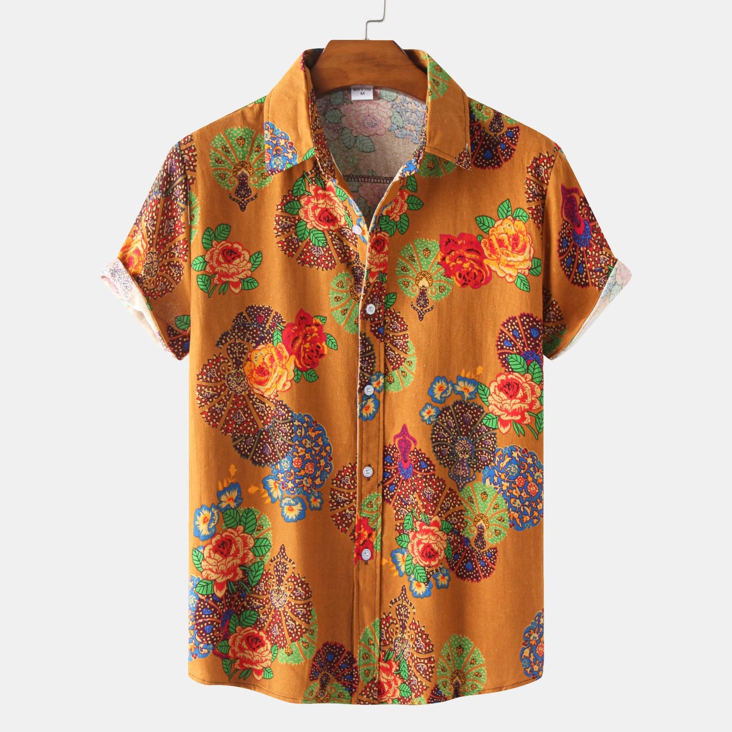 Casual Men's Cotton And Linen Short Sleeve Shirt Hawaiian Short Sleeve Printed Shirt Men