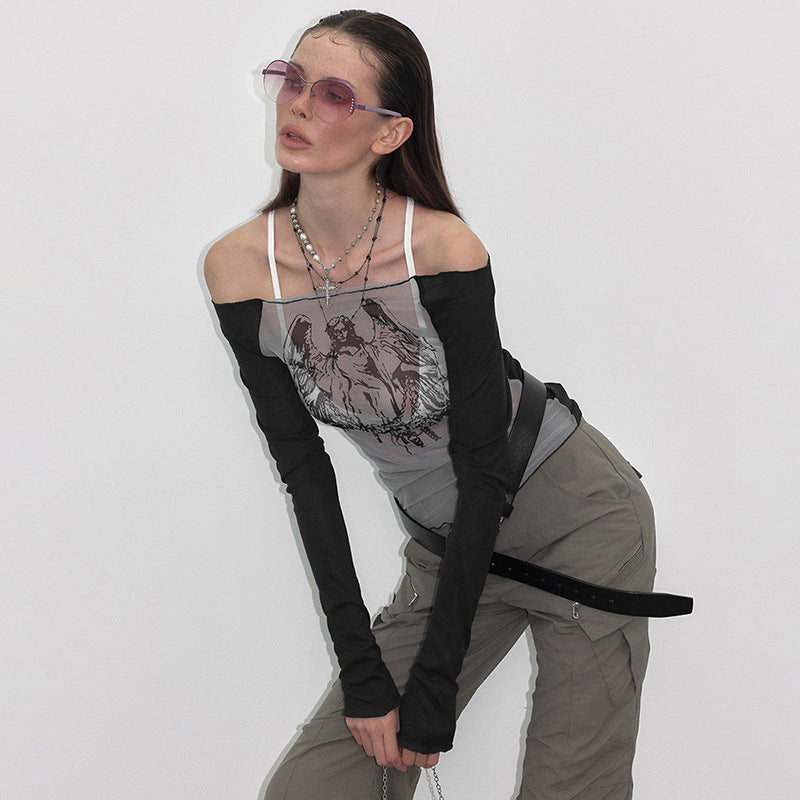 European And American Hot Girl Style Gauze Knitting Stitching Off-neck Printed Transparent Top