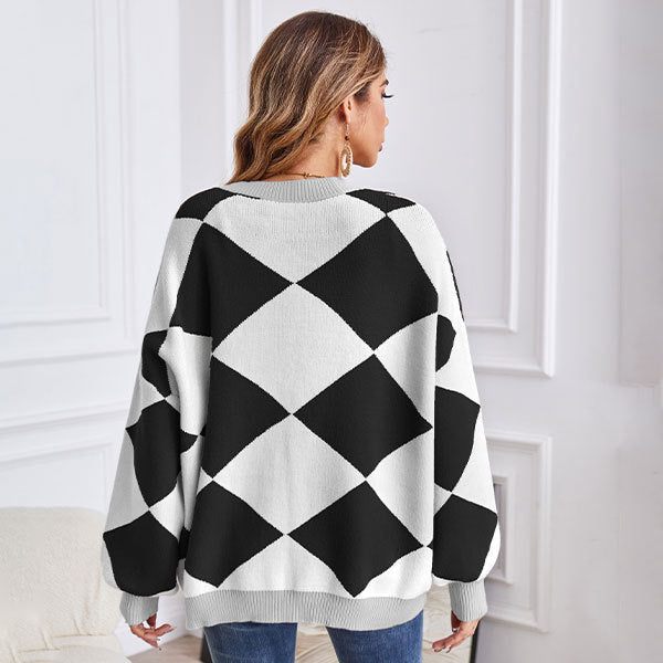 V-neck Rhombus Plaid Patchwork Knitting Cardigan Coat For Women