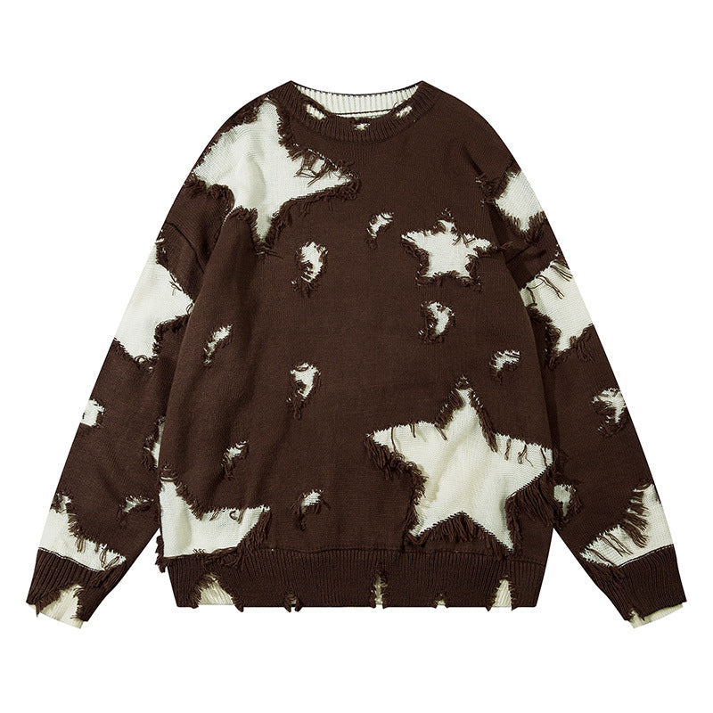 Heavy Industry Destroyed Color Matching Five-pointed Star Round Neck Sweater