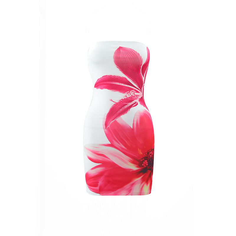 Women's Tube Top Flower Print Slim Sheath Short Dress